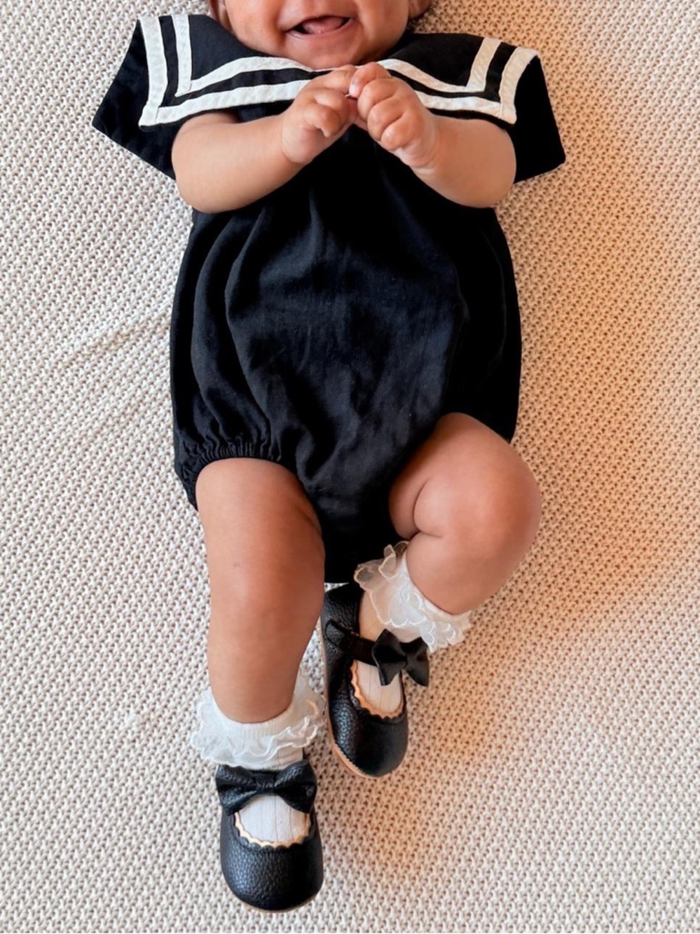 Rylee + Cru Black Sailor Romper with White Trim
